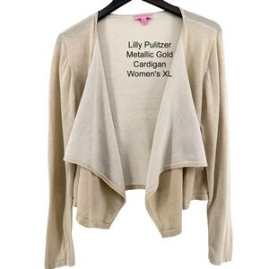 Lilly Pulitzer Metallic Gold Waterfall Open Front Cardigan Sweater Womens XL